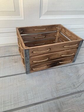Rustic Wooden Crate Rope  cutout Galvanized Metal Corners Farmhouse Storage Box